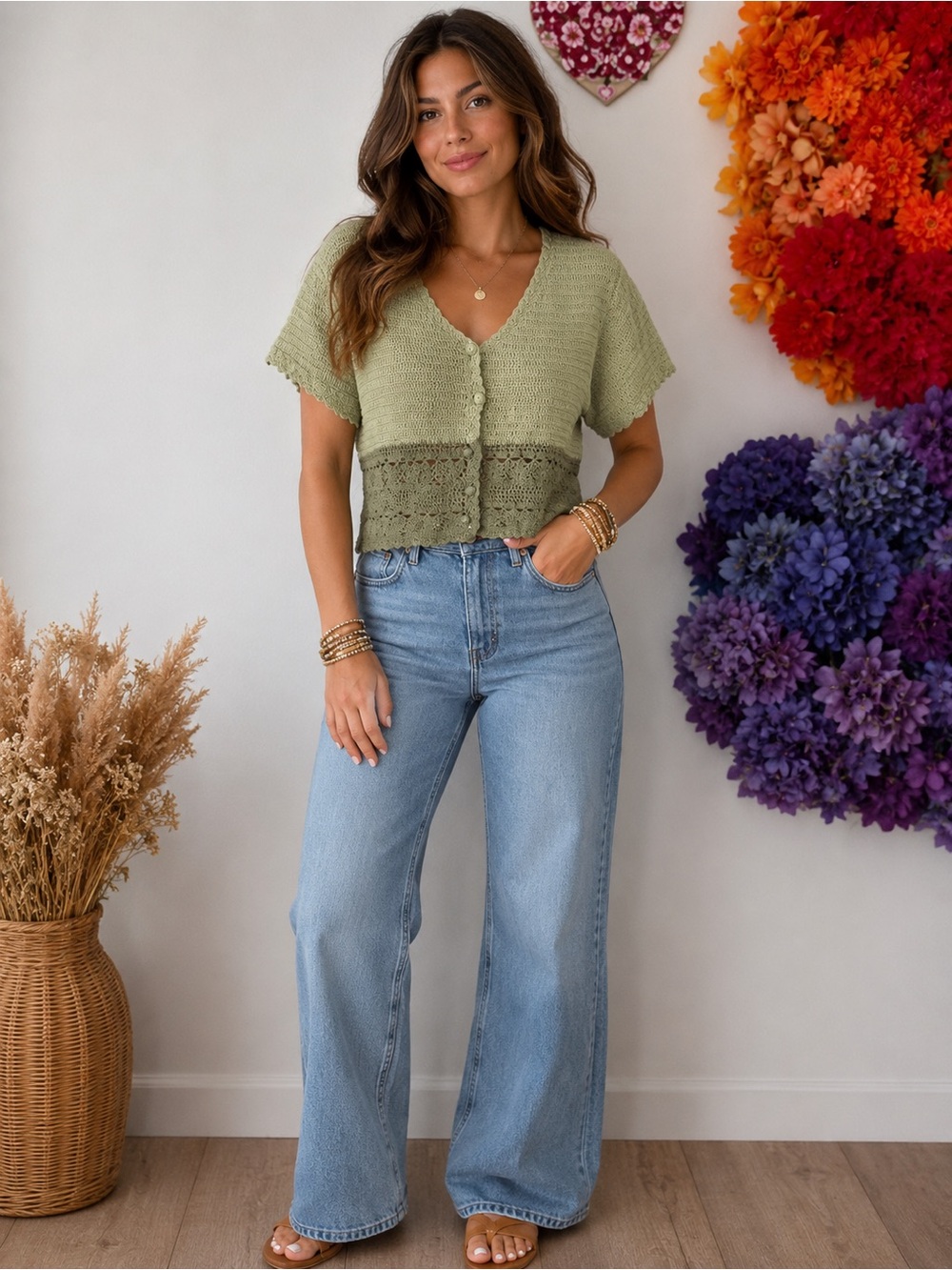 Vintage Y2K Jordache Crochet Cardigan Short Sleeve Green Cottage Boho Sweater